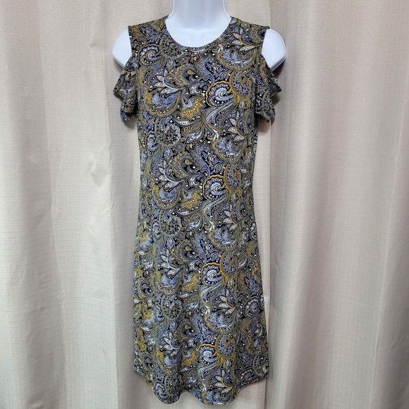 Michael Kors Dresses & Skirts - Michael Kors Cold Shoulder Sheath Dress Women's Size XS Navy Blue Yellow Paisley